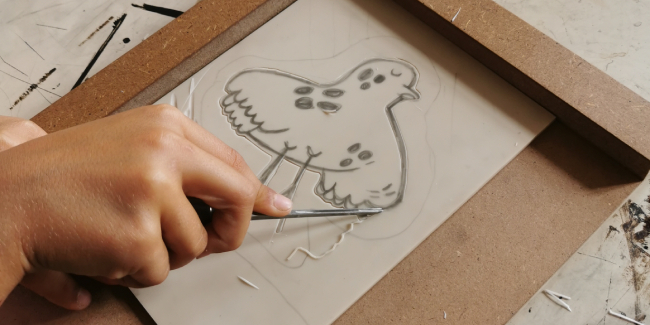 Atelier enfant : gravure en point sèche à l'Atelier de l'Orgue kidiklik alsace